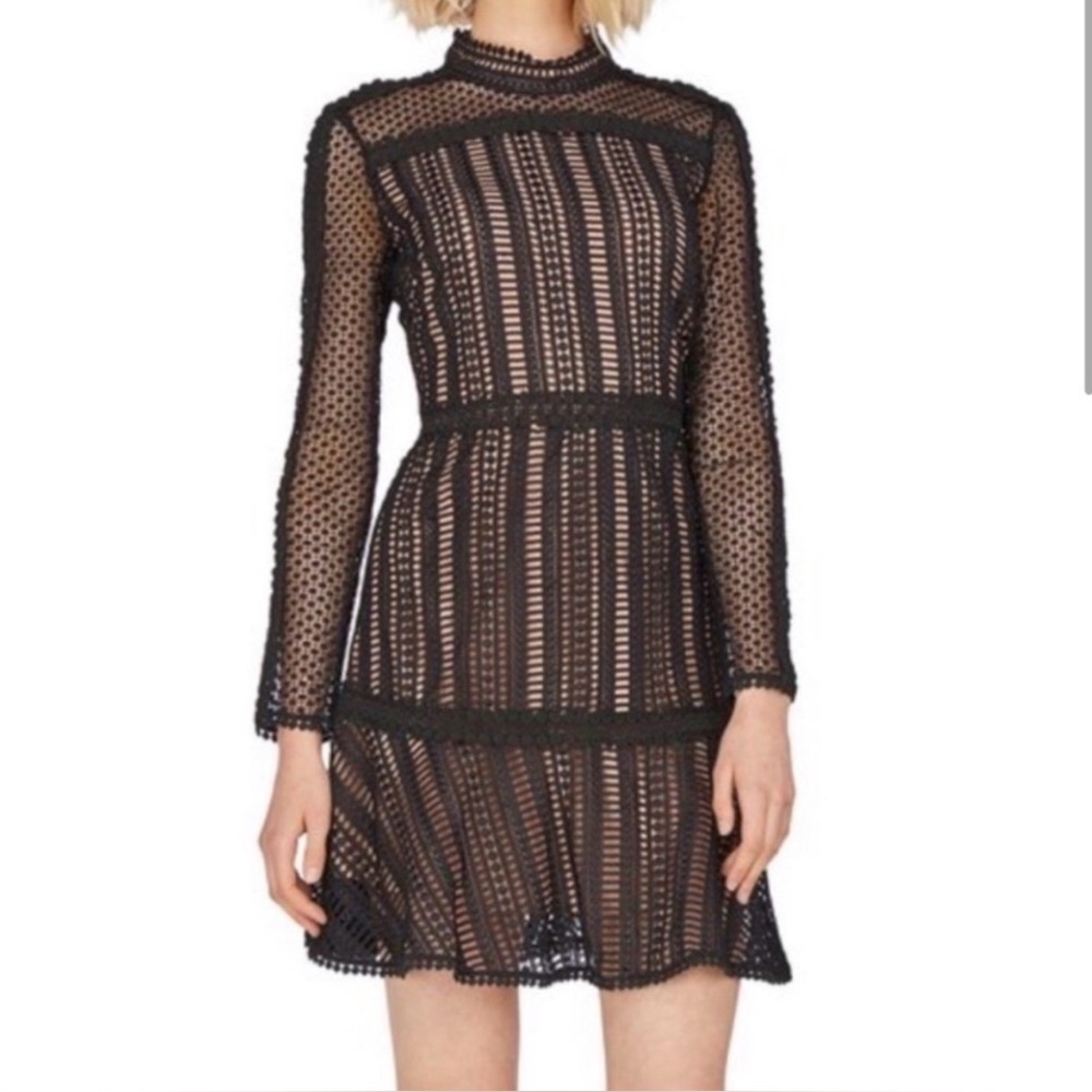 NWT Adelyn Rae NAIA Black Lace Nude Lining Long Sleeve Dress SZ S $188